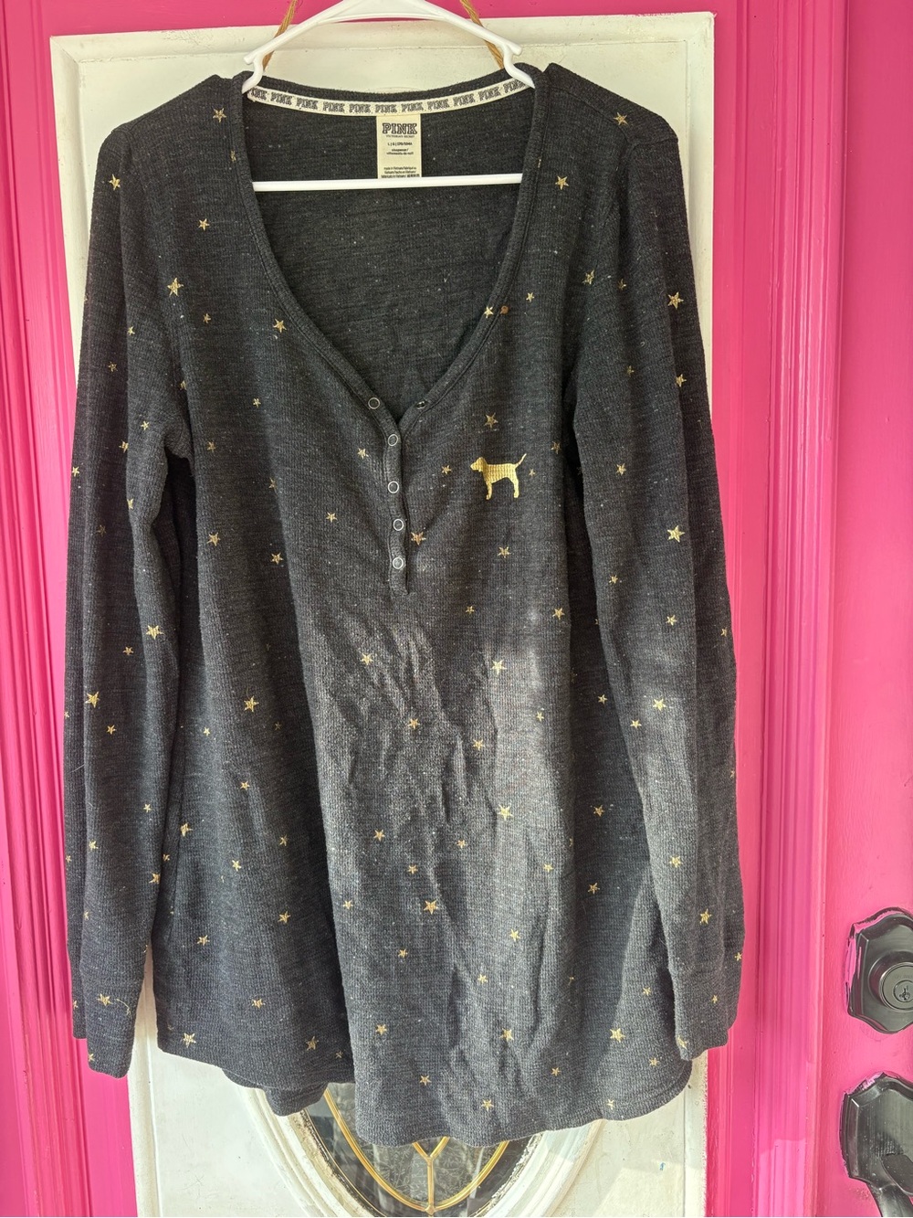 PINK Victoria's Secret Charcoal Henley Top with Gold Star & Dog Motif